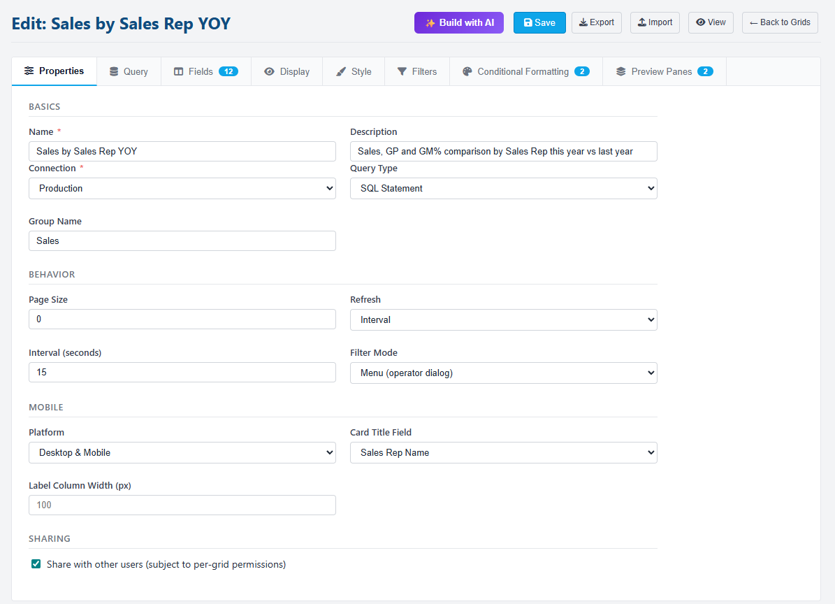 Grid designer Properties tab showing Name, Description, Connection, Grid Group, and Platform settings
