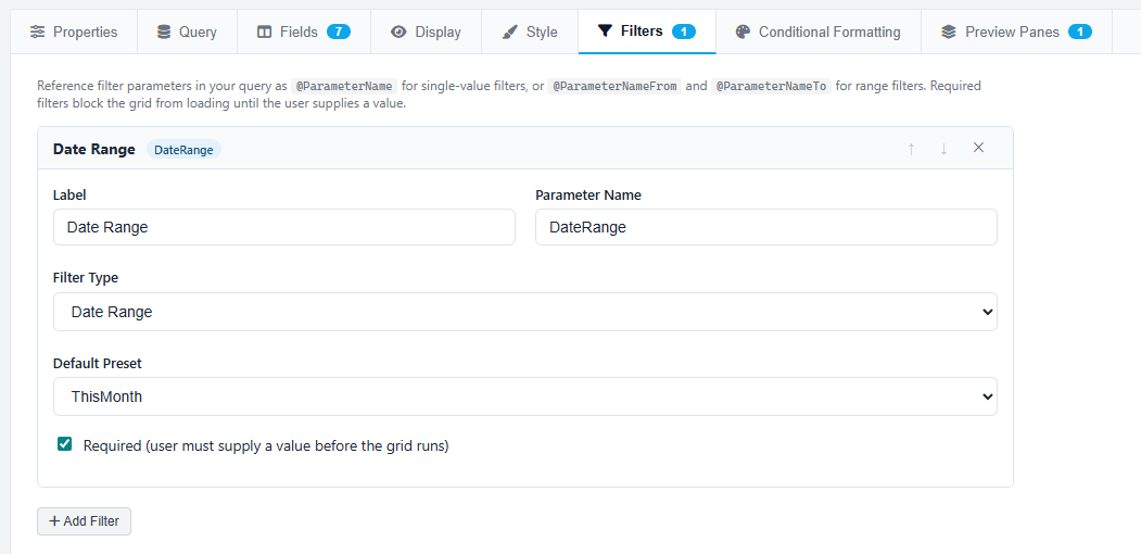 Grid designer Filters tab showing a list of filters with type, parameter name, default value, and required flag, with a Date Range filter expanded