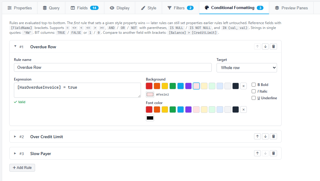 Grid designer Conditional Formatting tab showing a list of rules with expressions like SalesYTD greater than 100000 and styles applied to cells or rows