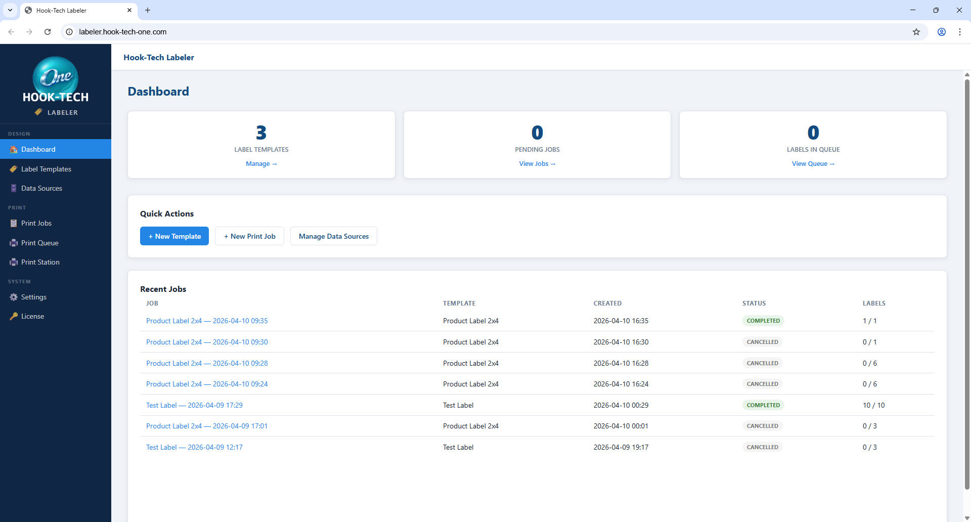 Labeler Dashboard — label templates, print jobs and recent job history
