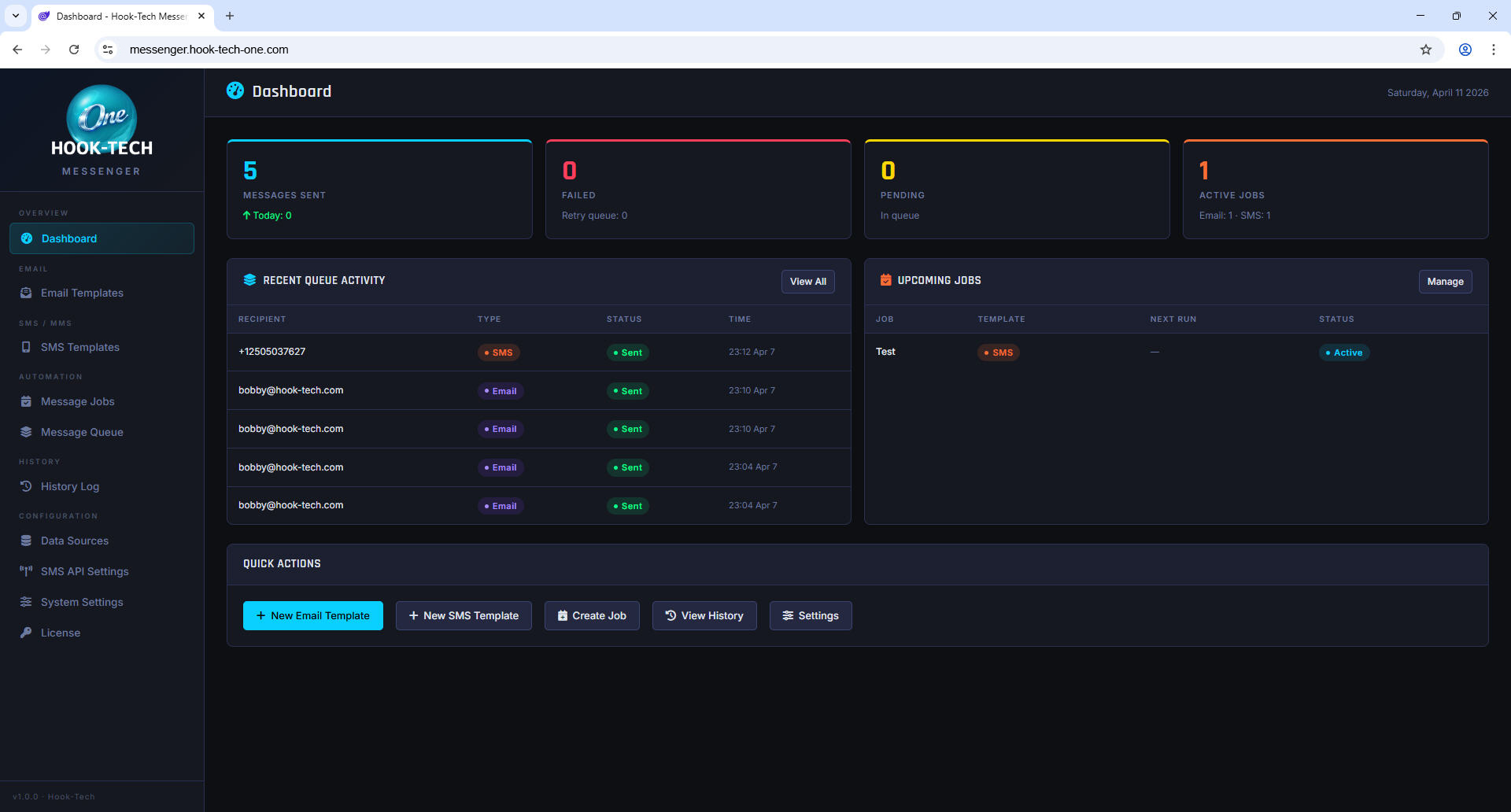 Messenger Dashboard — message queue, job status and quick actions