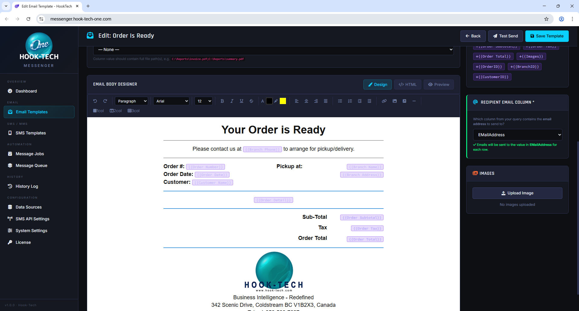 Messenger Email Template Designer — visual editor with SQL data field tokens