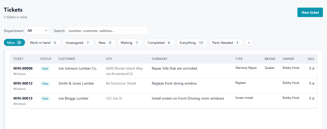 The Onsite ticket list, showing tickets with their number, status, customer, summary and how long each has been idle