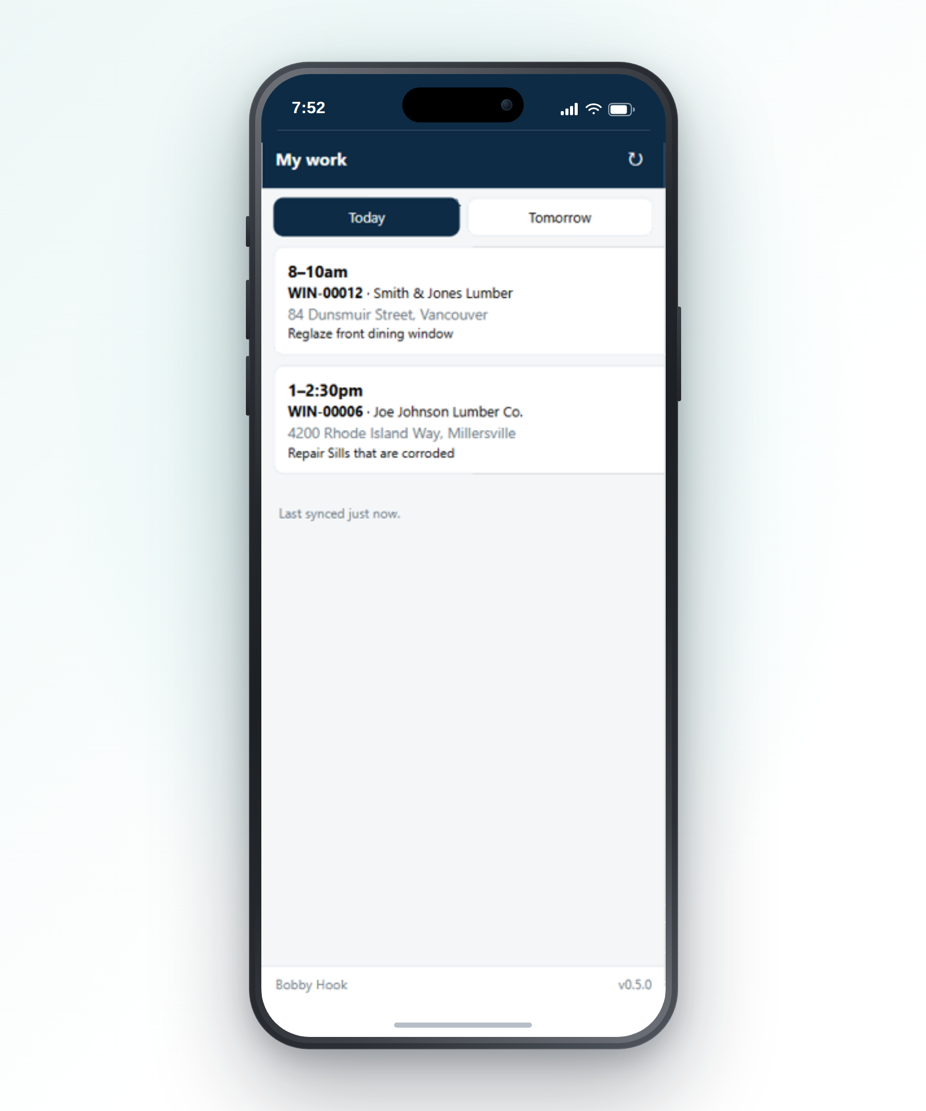The Onsite field app on a phone, showing a visit with its address, the fault, and the documents held on the handset