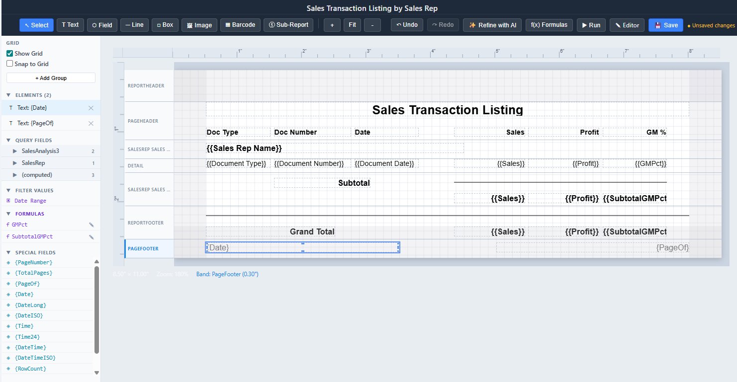 Reporter designer showing a Sales Transaction Listing report with sections, group footer, and elements panel