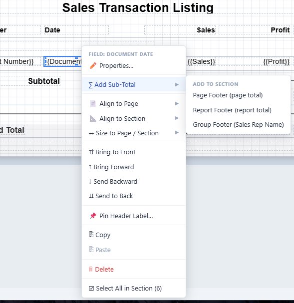 Right-click context menu on a Document Date field showing Add Sub-Total submenu with Page Footer, Report Footer, and Group Footer options