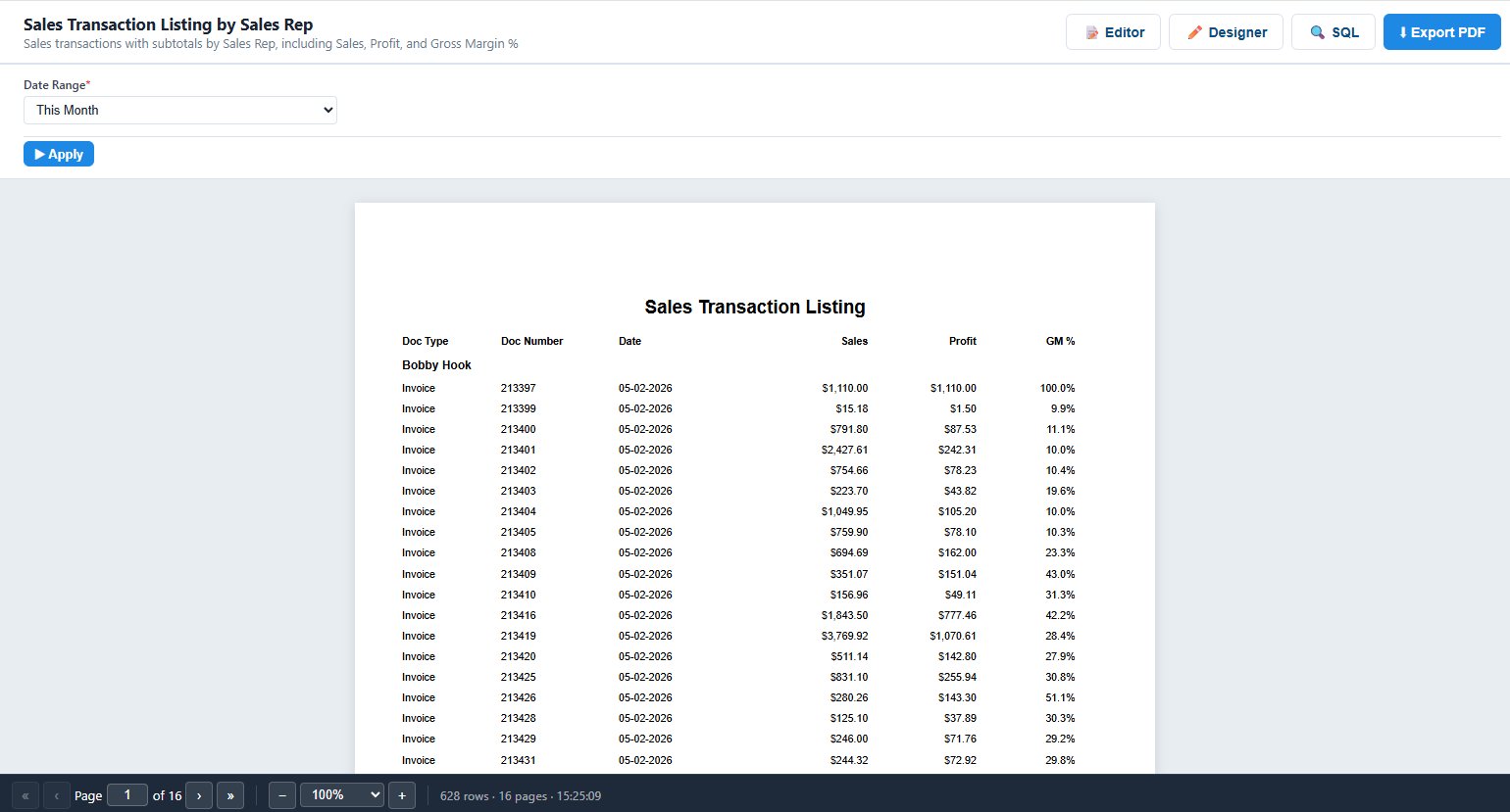 Sales Transaction Listing report running with Date Range filter and live data shown in PDF preview