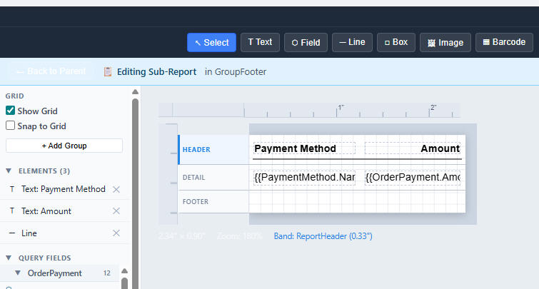 Sub-Report Editor showing a Payment Details mini-report being edited inside a GroupFooter, with its own Header, Detail, and Footer bands and Payment Method and Amount columns